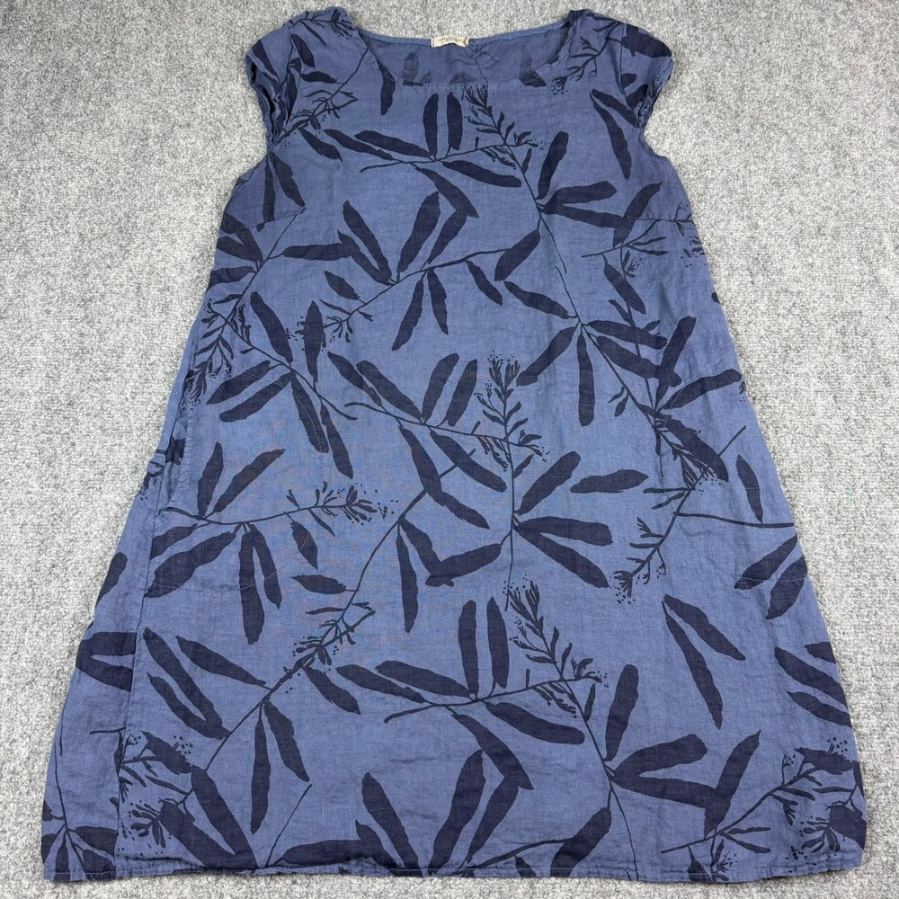 Lungo L'Arno Linen Dress Women XL Blue Botanical Leaf Print Made in Italy Pocket